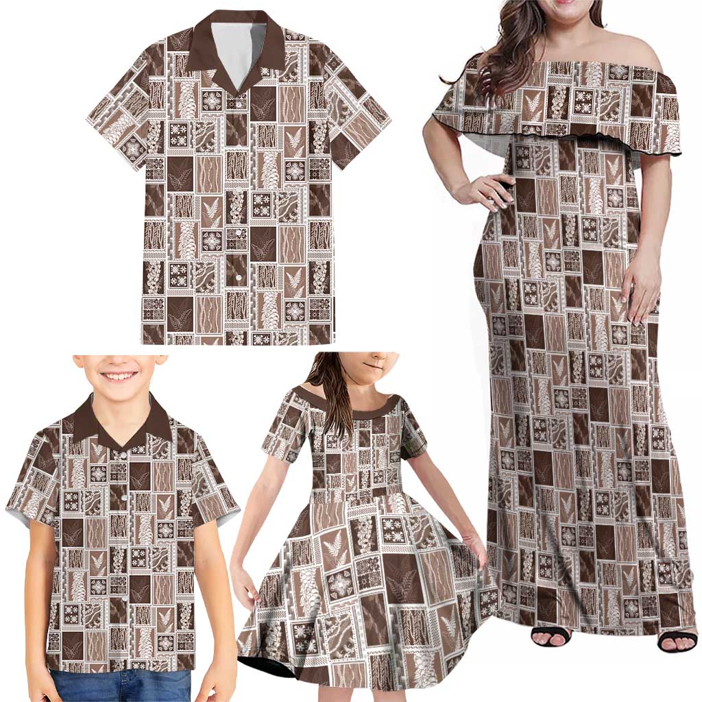 Vintage Aloha Block Quilt Family Matching Off Shoulder Maxi Dress and Hawaiian Shirt Beige Inspired Lei Motifs LT9 - Polynesian Pride