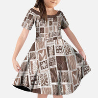 Vintage Aloha Block Quilt Family Matching Off Shoulder Short Dress and Hawaiian Shirt Beige Inspired Lei Motifs LT9 Daughter's Dress Beige - Polynesian Pride
