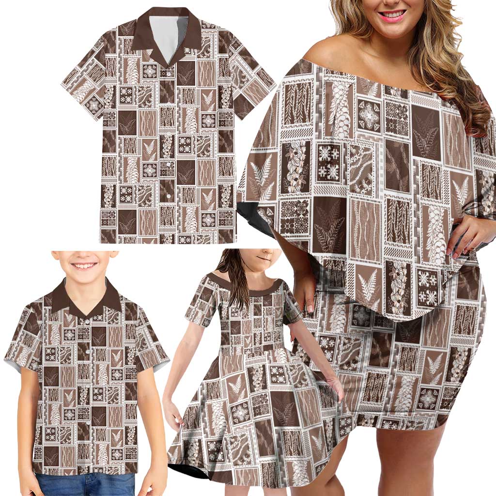 Vintage Aloha Block Quilt Family Matching Off Shoulder Short Dress and Hawaiian Shirt Beige Inspired Lei Motifs LT9 - Polynesian Pride