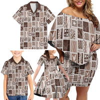 Vintage Aloha Block Quilt Family Matching Off Shoulder Short Dress and Hawaiian Shirt Beige Inspired Lei Motifs LT9 - Polynesian Pride