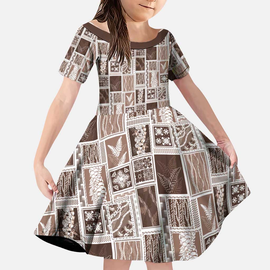 Vintage Aloha Block Quilt Family Matching Puletasi and Hawaiian Shirt Beige Inspired Lei Motifs LT9 Daughter's Dress Beige - Polynesian Pride