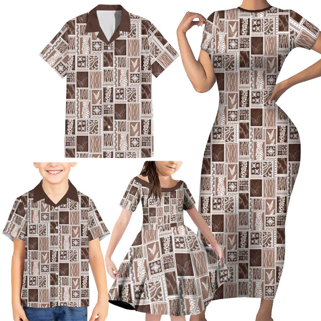 Vintage Aloha Block Quilt Family Matching Short Sleeve Bodycon Dress and Hawaiian Shirt Beige Inspired Lei Motifs LT9 - Polynesian Pride