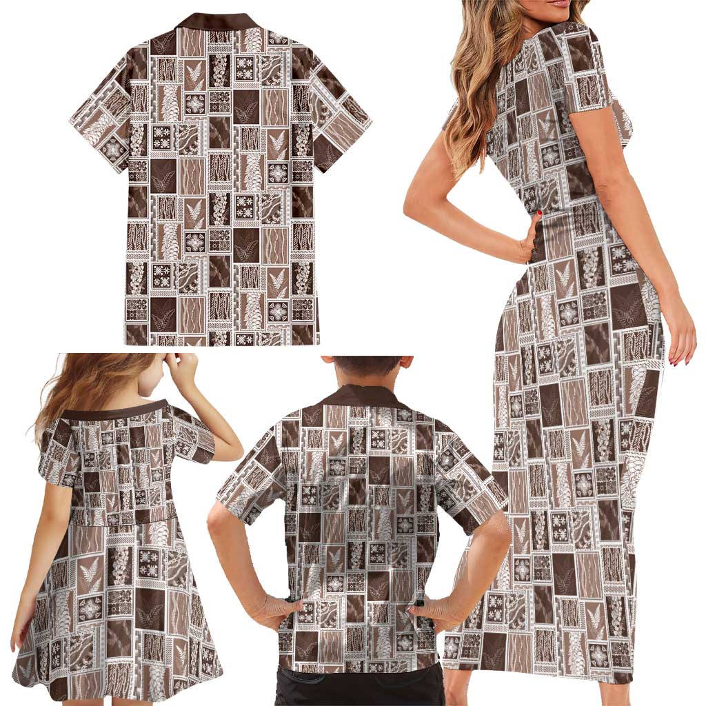 Vintage Aloha Block Quilt Family Matching Short Sleeve Bodycon Dress and Hawaiian Shirt Beige Inspired Lei Motifs LT9 - Polynesian Pride