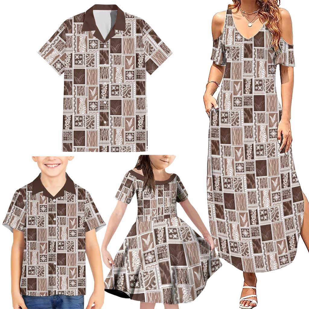 Vintage Aloha Block Quilt Family Matching Summer Maxi Dress and Hawaiian Shirt Beige Inspired Lei Motifs - Polynesian Pride