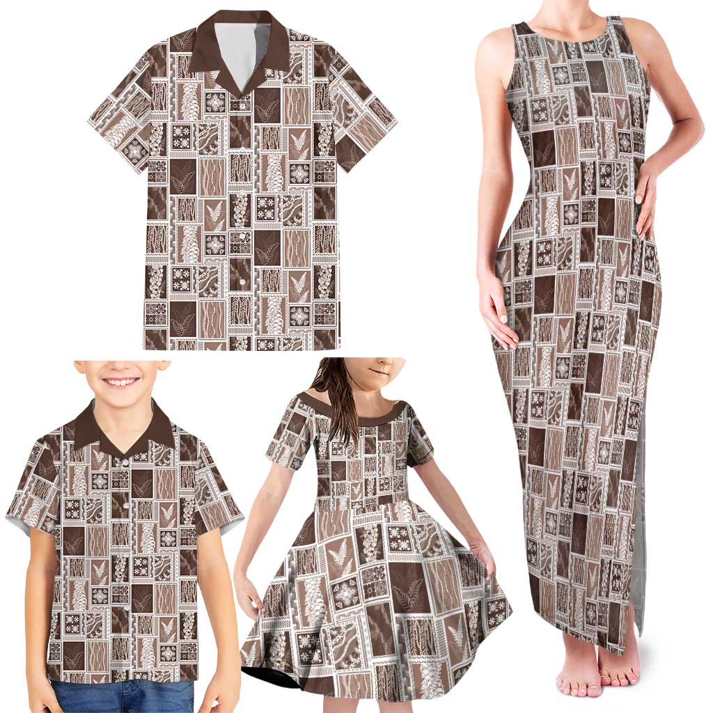 Vintage Aloha Block Quilt Family Matching Tank Maxi Dress and Hawaiian Shirt Beige Inspired Lei Motifs - Polynesian Pride