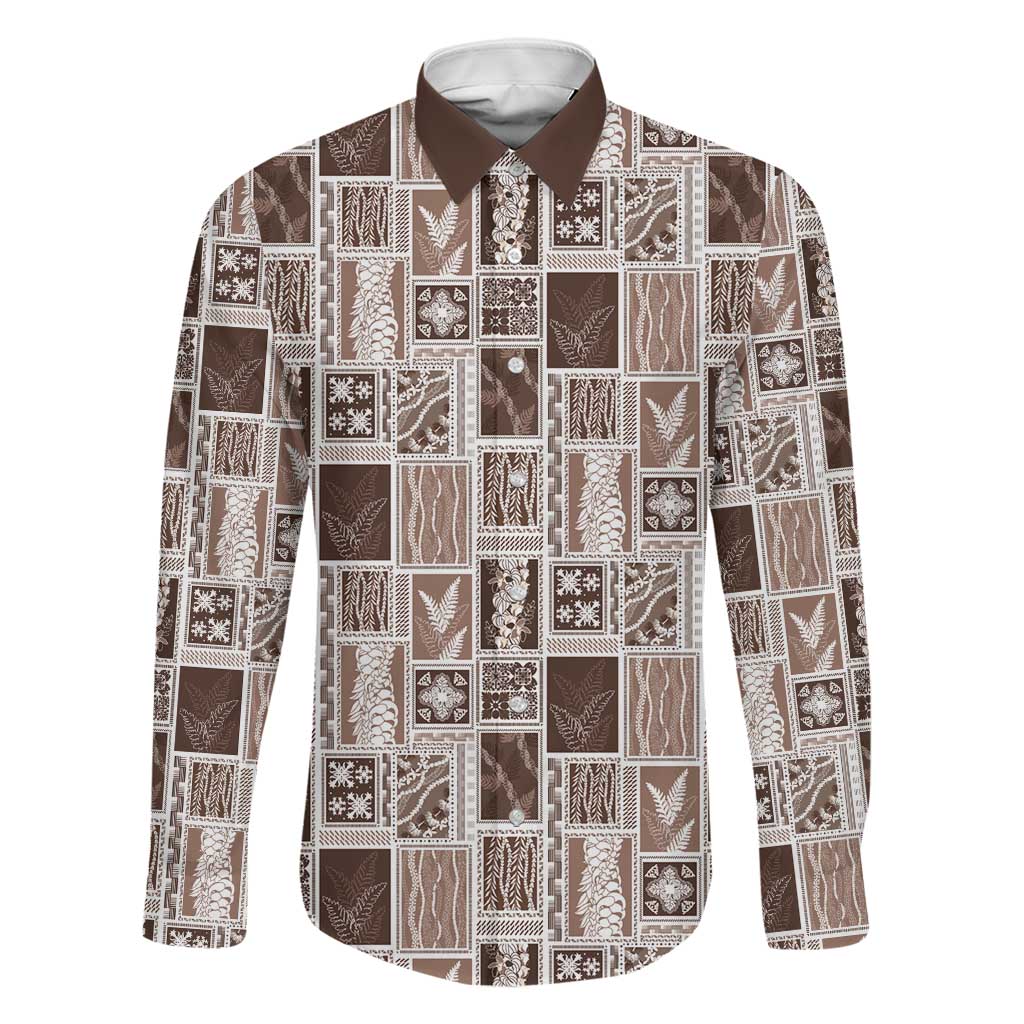 Vintage Aloha Block Quilt Family Matching Tank Maxi Dress and Hawaiian Shirt Beige Inspired Lei Motifs LT9 Dad's Shirt - Long Sleeve Beige - Polynesian Pride