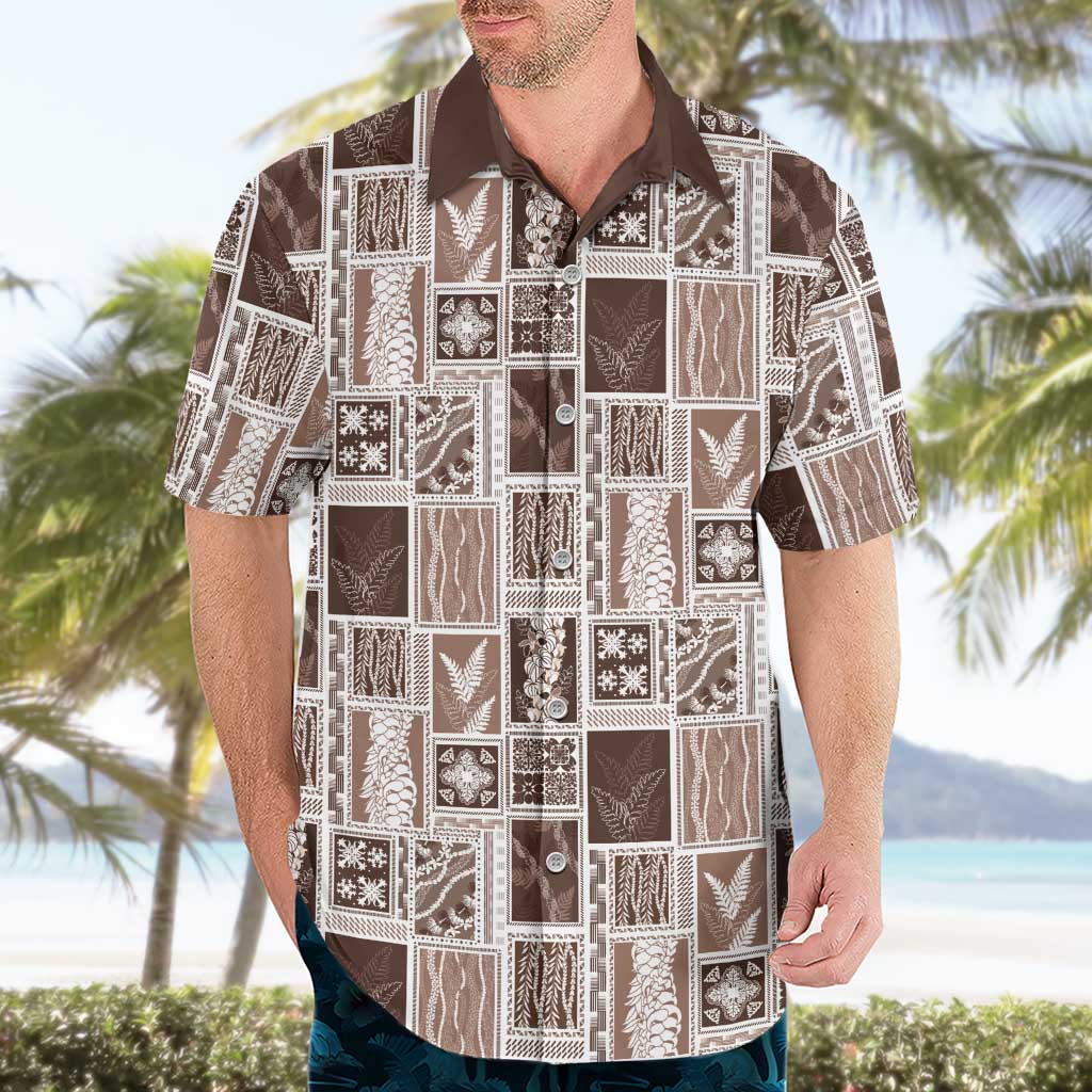 Vintage Aloha Block Quilt Hawaiian Shirt Beige Inspired Lei Motifs - Polynesian Pride