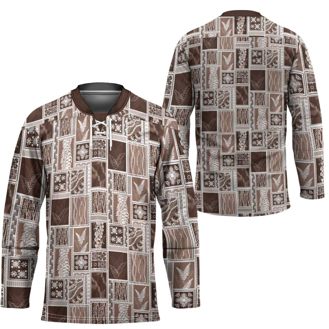 Vintage Aloha Block Quilt Hockey Jersey Beige Inspired Lei Motifs - Polynesian Pride