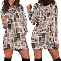 Vintage Aloha Block Quilt Hoodie Dress Beige Inspired Lei Motifs - Polynesian Pride