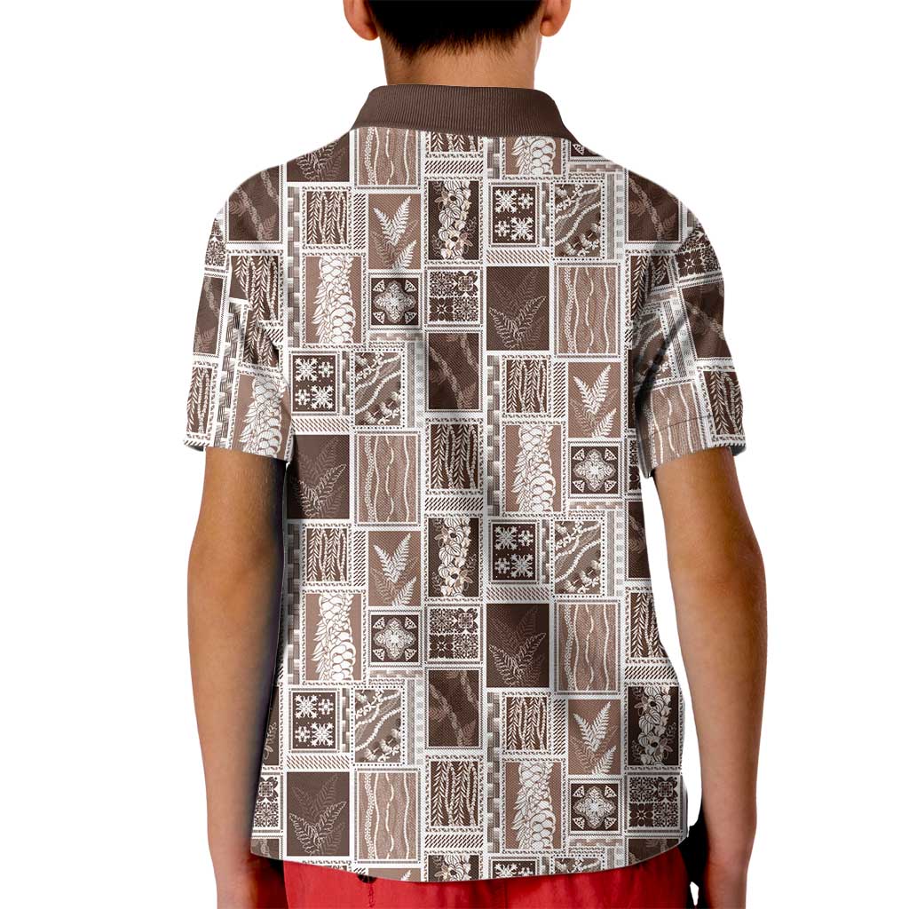 Vintage Aloha Block Quilt Kid Polo Shirt Beige Inspired Lei Motifs - Polynesian Pride