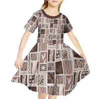 Vintage Aloha Block Quilt Kid Short Sleeve Dress Beige Inspired Lei Motifs - Polynesian Pride