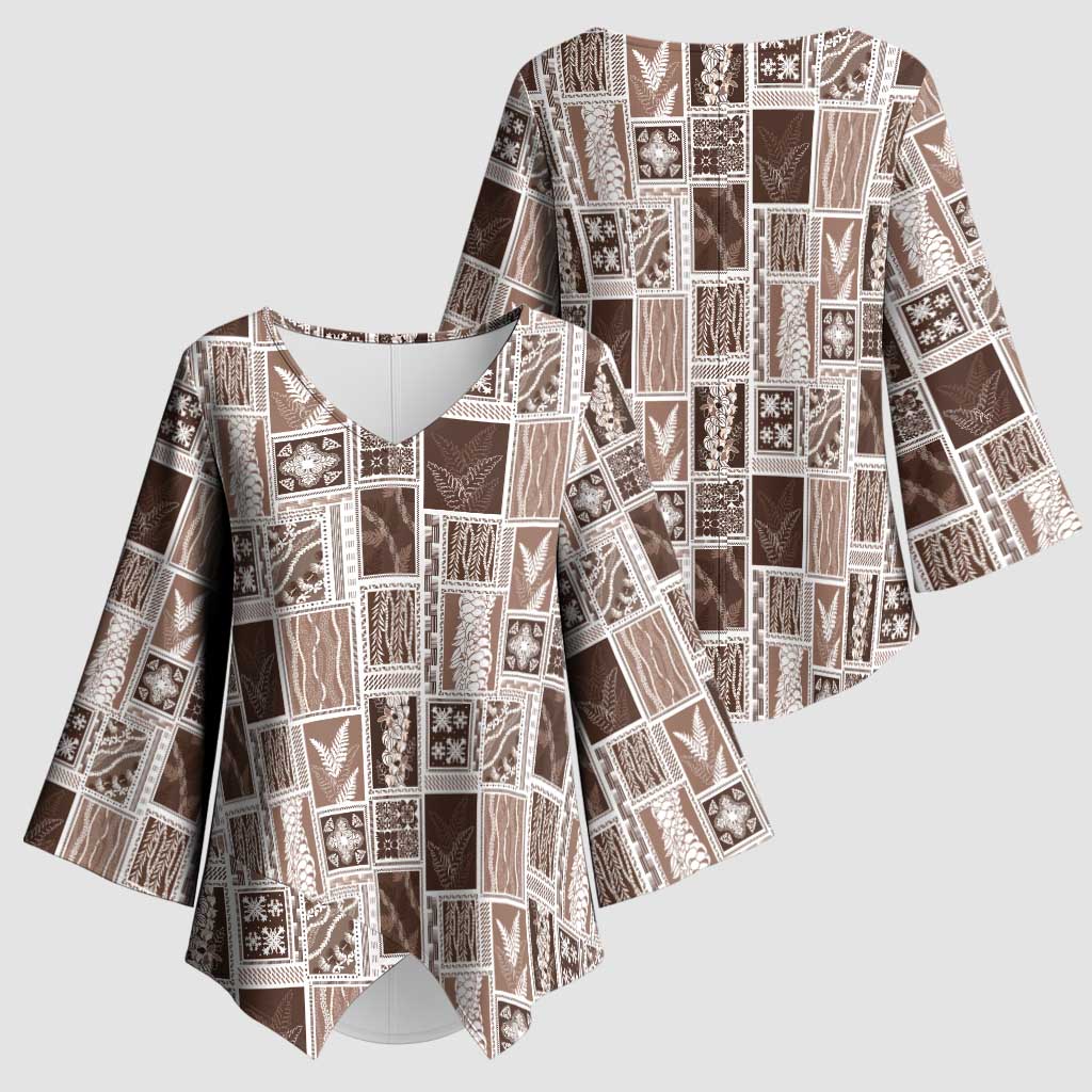 Vintage Aloha Block Quilt Kimono Sleeve Blouse Beige Inspired Lei Motifs - Polynesian Pride