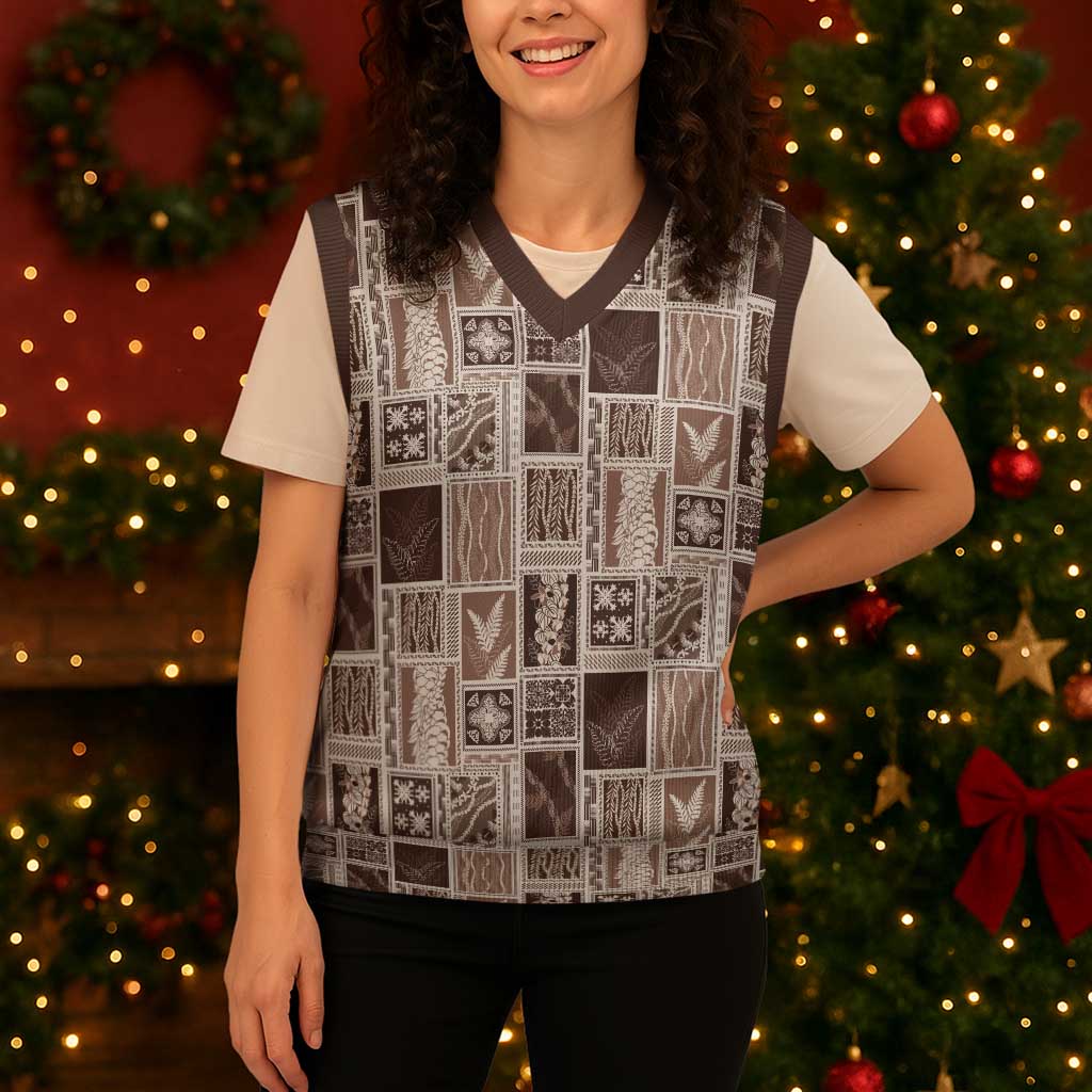 Vintage Aloha Block Quilt Christmas Knitted V-Neck Vest Beige Inspired Lei Motifs - Polynesian Pride