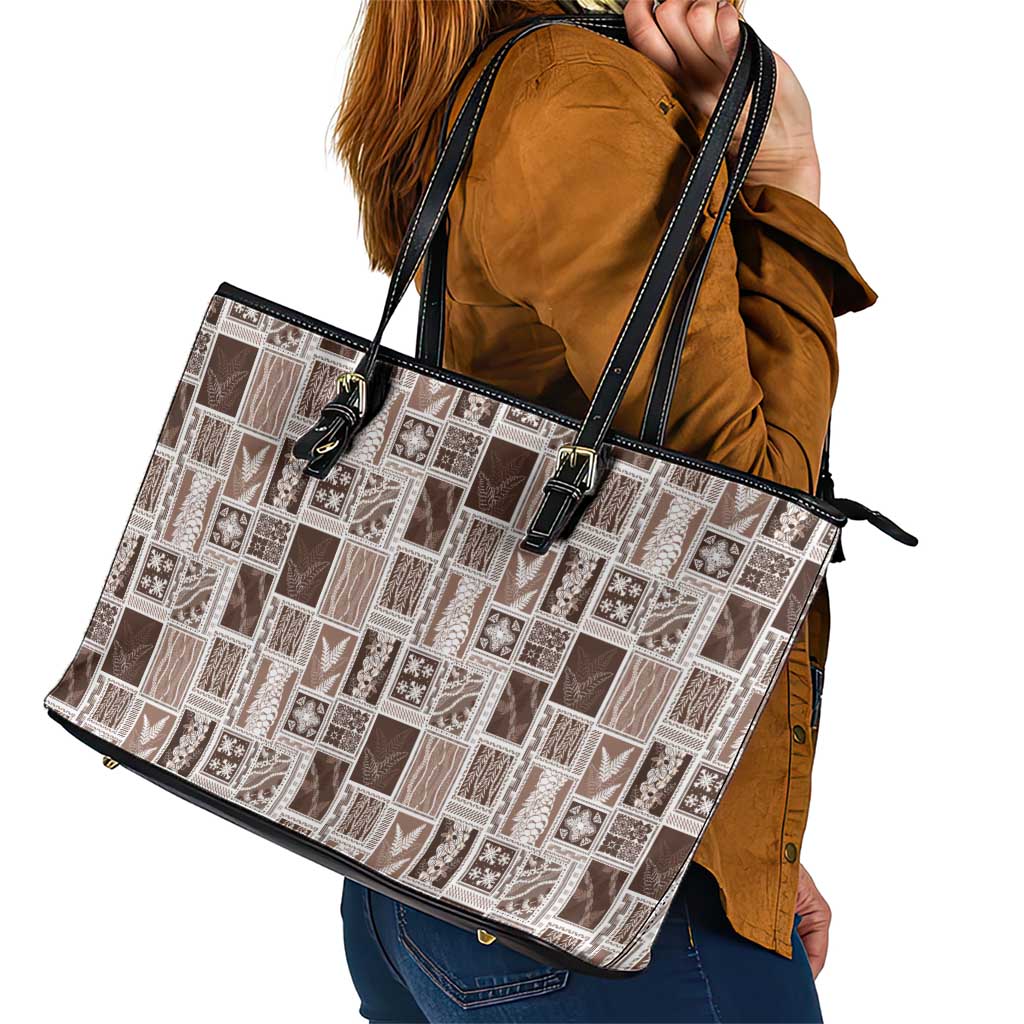Vintage Aloha Block Quilt Leather Tote Bag Beige Inspired Lei Motifs - Polynesian Pride