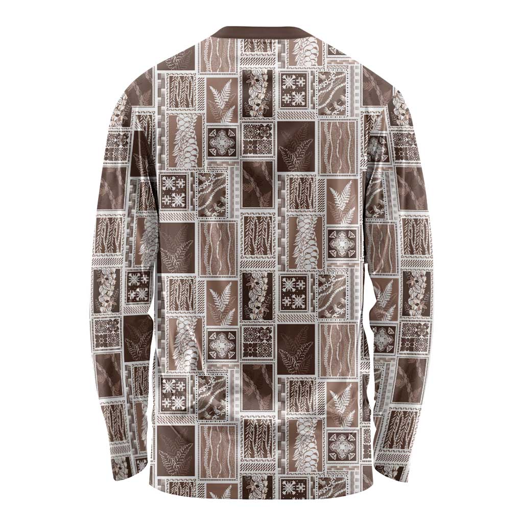 Vintage Aloha Block Quilt Long Sleeve Shirt Beige Inspired Lei Motifs - Polynesian Pride