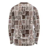 Vintage Aloha Block Quilt Long Sleeve Shirt Beige Inspired Lei Motifs - Polynesian Pride