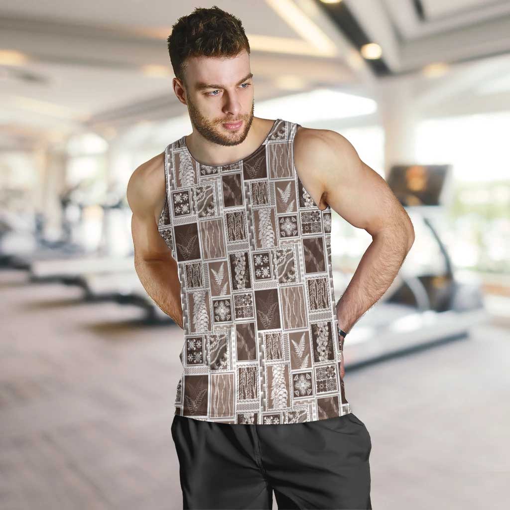 Vintage Aloha Block Quilt Men Tank Top Beige Inspired Lei Motifs LT9 Beige - Polynesian Pride