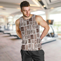 Vintage Aloha Block Quilt Men Tank Top Beige Inspired Lei Motifs - Polynesian Pride