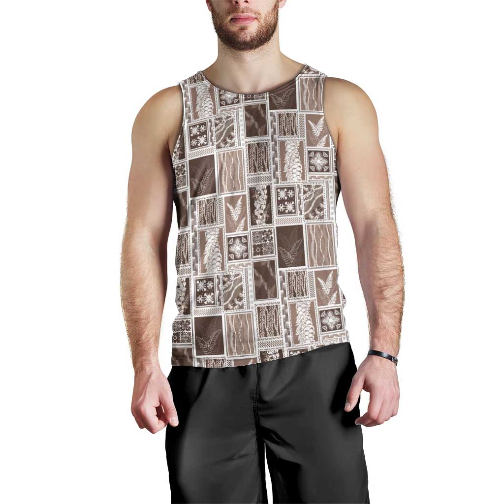 Vintage Aloha Block Quilt Men Tank Top Beige Inspired Lei Motifs - Polynesian Pride