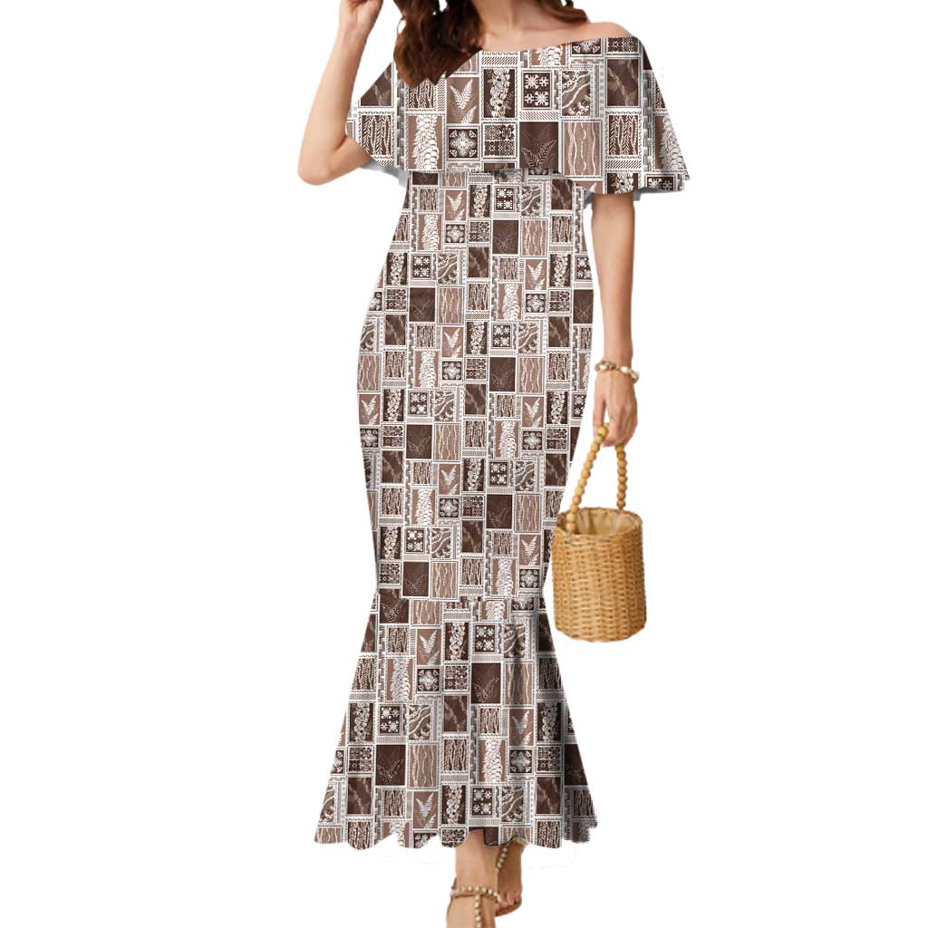 Vintage Aloha Block Quilt Mermaid Dress Beige Inspired Lei Motifs LT9 Women Beige - Polynesian Pride