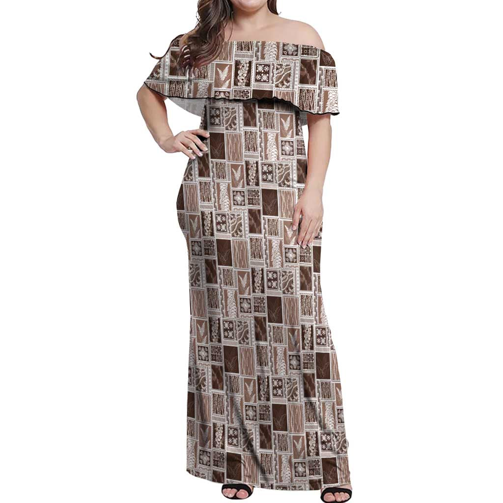 Vintage Aloha Block Quilt Off Shoulder Maxi Dress Beige Inspired Lei Motifs LT9 Women Beige - Polynesian Pride