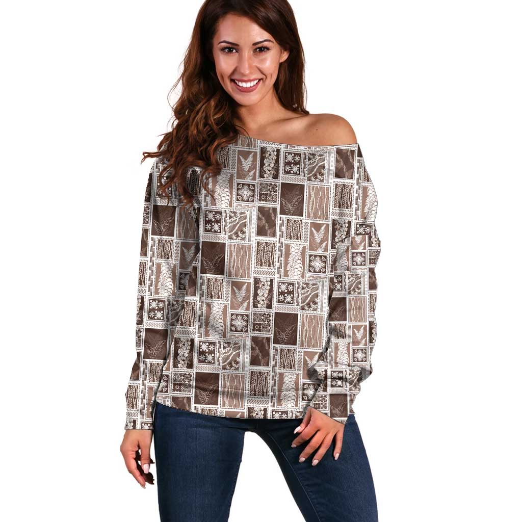 Vintage Aloha Block Quilt Off Shoulder Sweater Beige Inspired Lei Motifs - Polynesian Pride