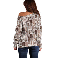 Vintage Aloha Block Quilt Off Shoulder Sweater Beige Inspired Lei Motifs - Polynesian Pride