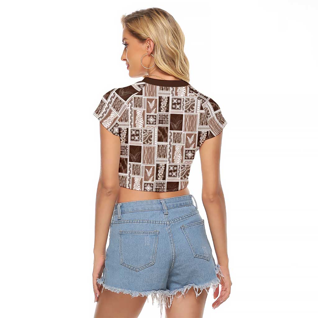 Vintage Aloha Block Quilt Raglan Cropped T Shirt Beige Inspired Lei Motifs - Polynesian Pride