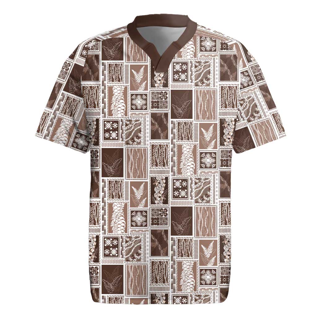 Vintage Aloha Block Quilt Rugby Jersey Beige Inspired Lei Motifs LT9 Beige - Polynesian Pride