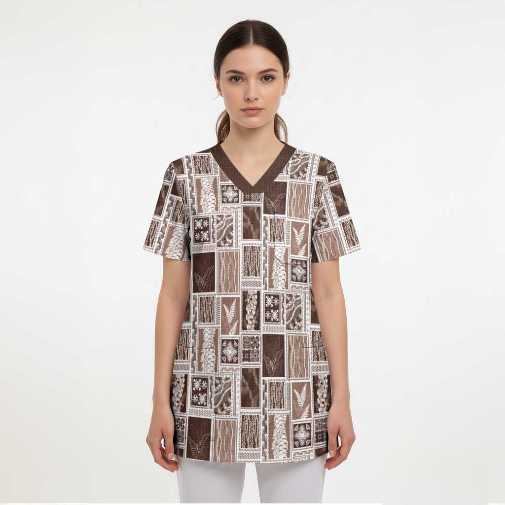 Vintage Aloha Block Quilt Scrub Top Beige Inspired Lei Motifs - Polynesian Pride