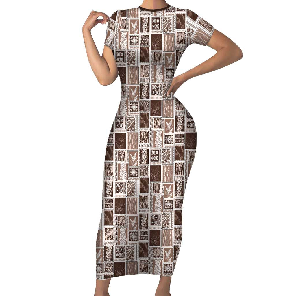 Vintage Aloha Block Quilt Short Sleeve Bodycon Dress Beige Inspired Lei Motifs LT9 Long Dress Beige - Polynesian Pride
