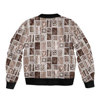 Vintage Aloha Block Quilt Sleeve Zip Bomber Jacket Beige Inspired Lei Motifs - Polynesian Pride