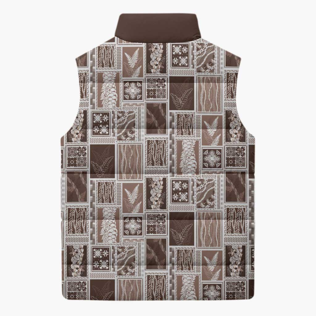 Vintage Aloha Block Quilt Sleeveless Puffer Jacket Beige Inspired Lei Motifs - Polynesian Pride