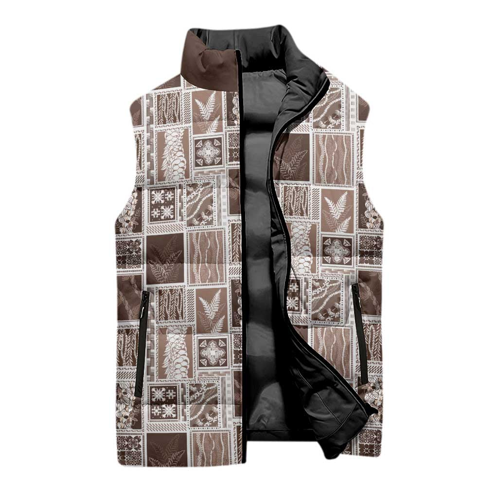 Vintage Aloha Block Quilt Sleeveless Puffer Jacket Beige Inspired Lei Motifs - Polynesian Pride