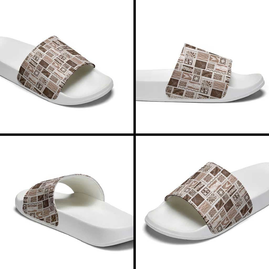 Vintage Aloha Block Quilt Slide Sandals Beige Inspired Lei Motifs - Polynesian Pride
