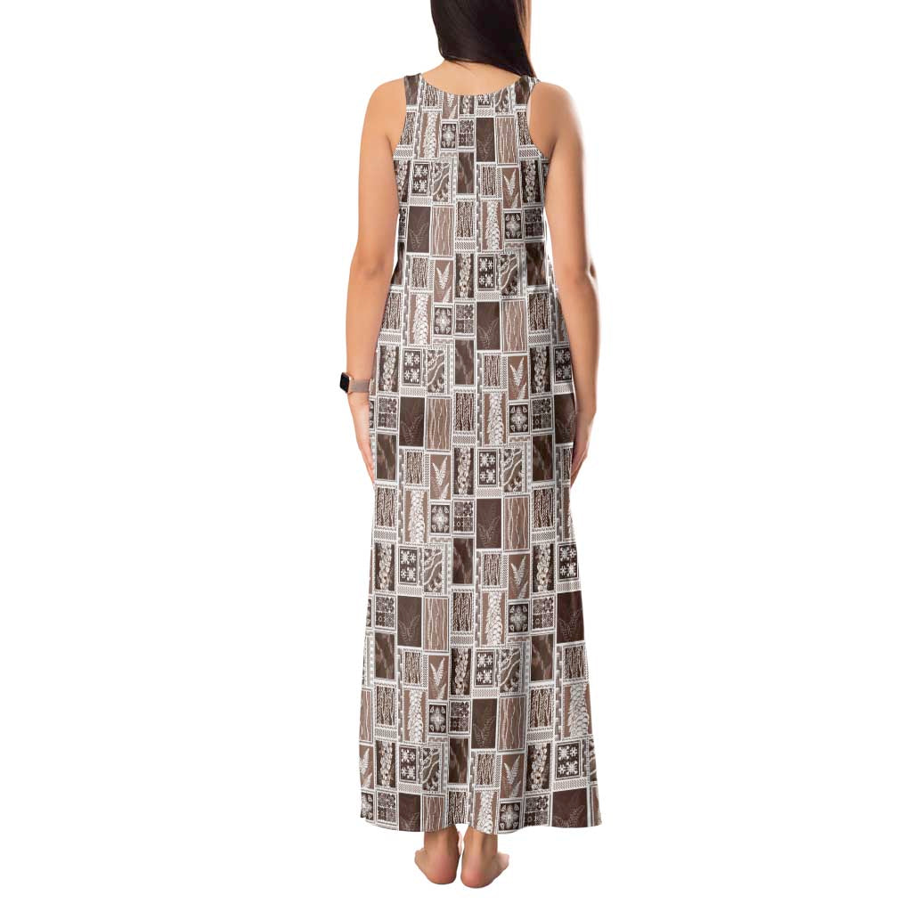 Vintage Aloha Block Quilt Tank Maxi Dress Beige Inspired Lei Motifs - Polynesian Pride