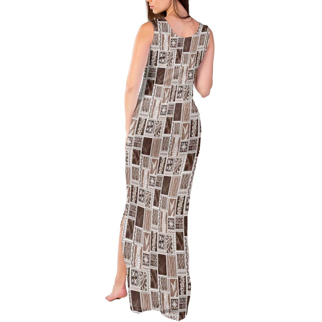 Vintage Aloha Block Quilt Tank Maxi Dress Beige Inspired Lei Motifs - Polynesian Pride