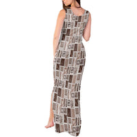 Vintage Aloha Block Quilt Tank Maxi Dress Beige Inspired Lei Motifs - Polynesian Pride