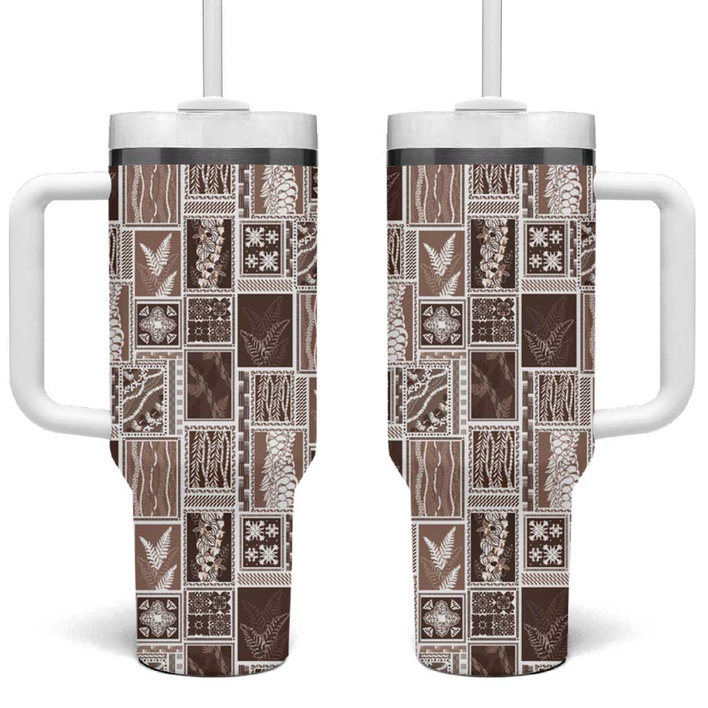 Vintage Aloha Block Quilt Tumbler With Handle Beige Inspired Lei Motifs LT9 One Size: 40 oz Beige - Polynesian Pride