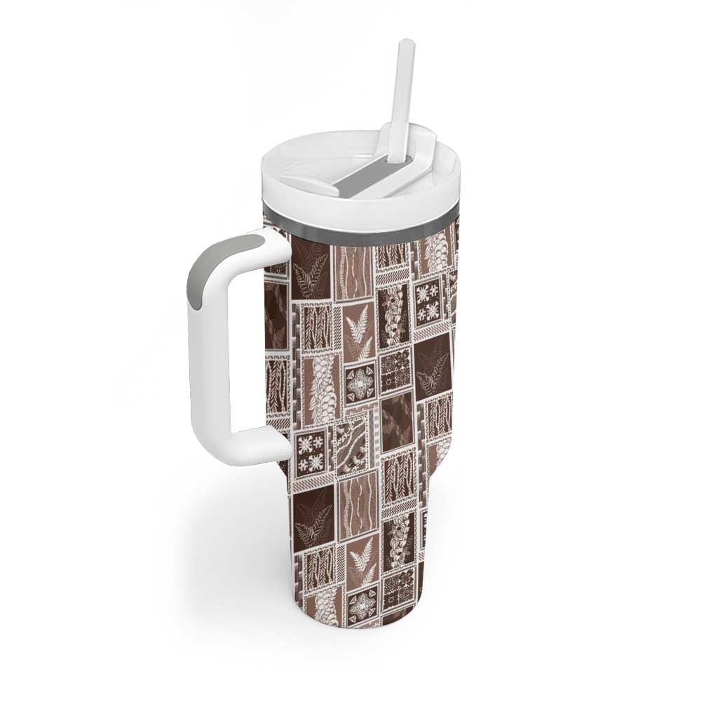 Vintage Aloha Block Quilt Tumbler With Handle Beige Inspired Lei Motifs LT9 - Polynesian Pride