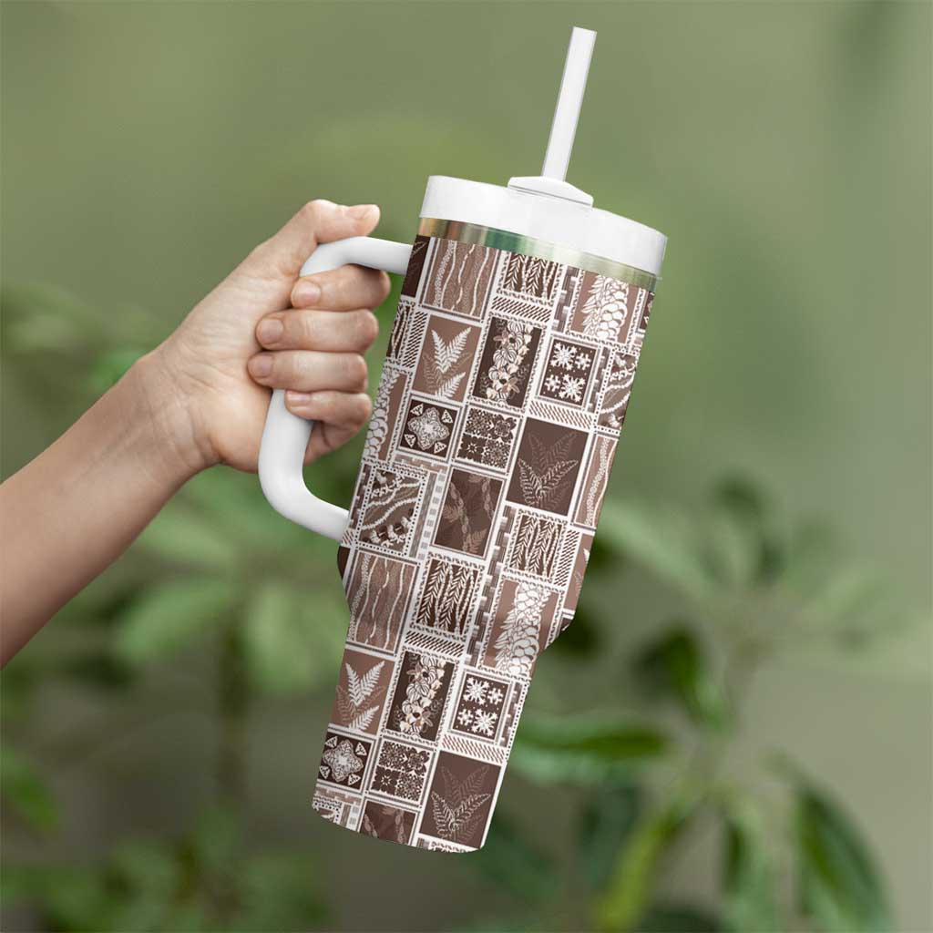 Vintage Aloha Block Quilt Tumbler With Handle Beige Inspired Lei Motifs LT9 - Polynesian Pride