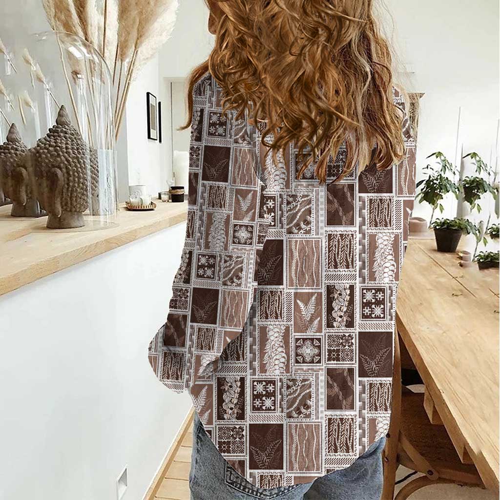 Vintage Aloha Block Quilt Women Casual Shirt Beige Inspired Lei Motifs - Polynesian Pride
