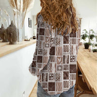 Vintage Aloha Block Quilt Women Casual Shirt Beige Inspired Lei Motifs - Polynesian Pride
