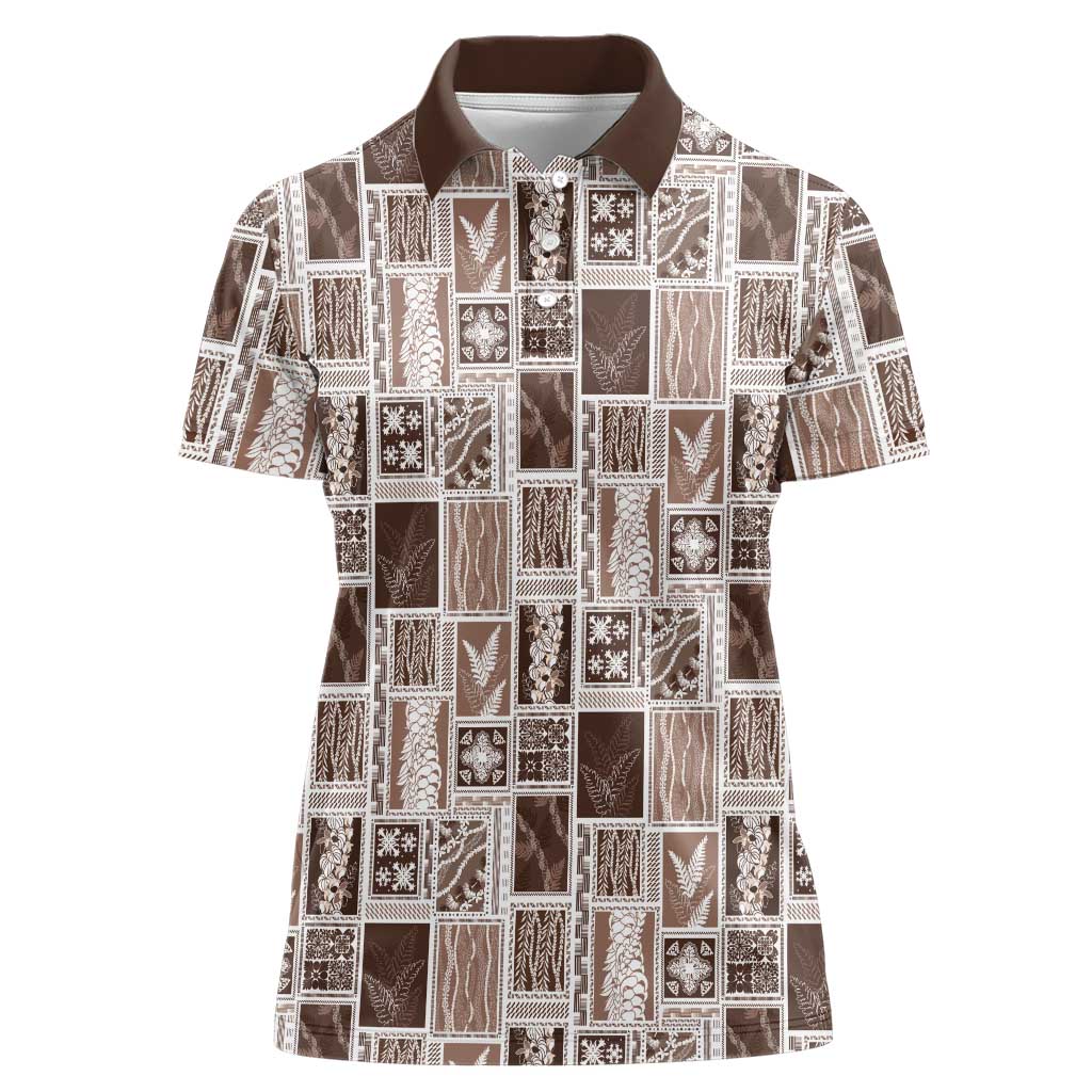 Vintage Aloha Block Quilt Women Polo Shirt Beige Inspired Lei Motifs - Polynesian Pride