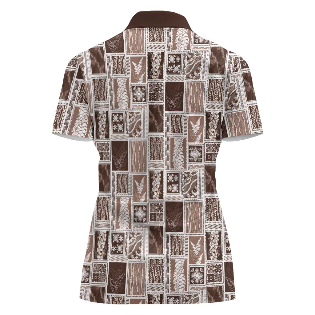 Vintage Aloha Block Quilt Women Polo Shirt Beige Inspired Lei Motifs - Polynesian Pride