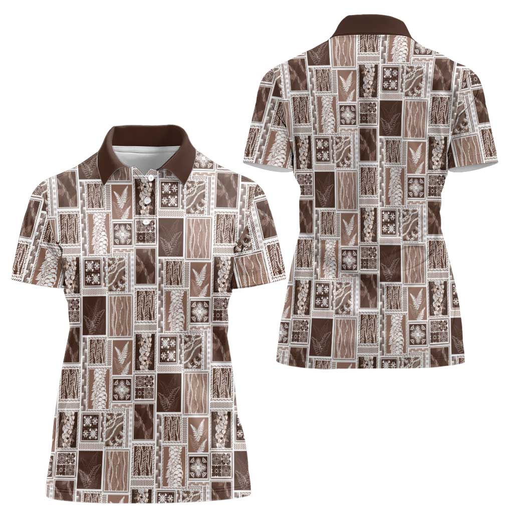 Vintage Aloha Block Quilt Women Polo Shirt Beige Inspired Lei Motifs - Polynesian Pride