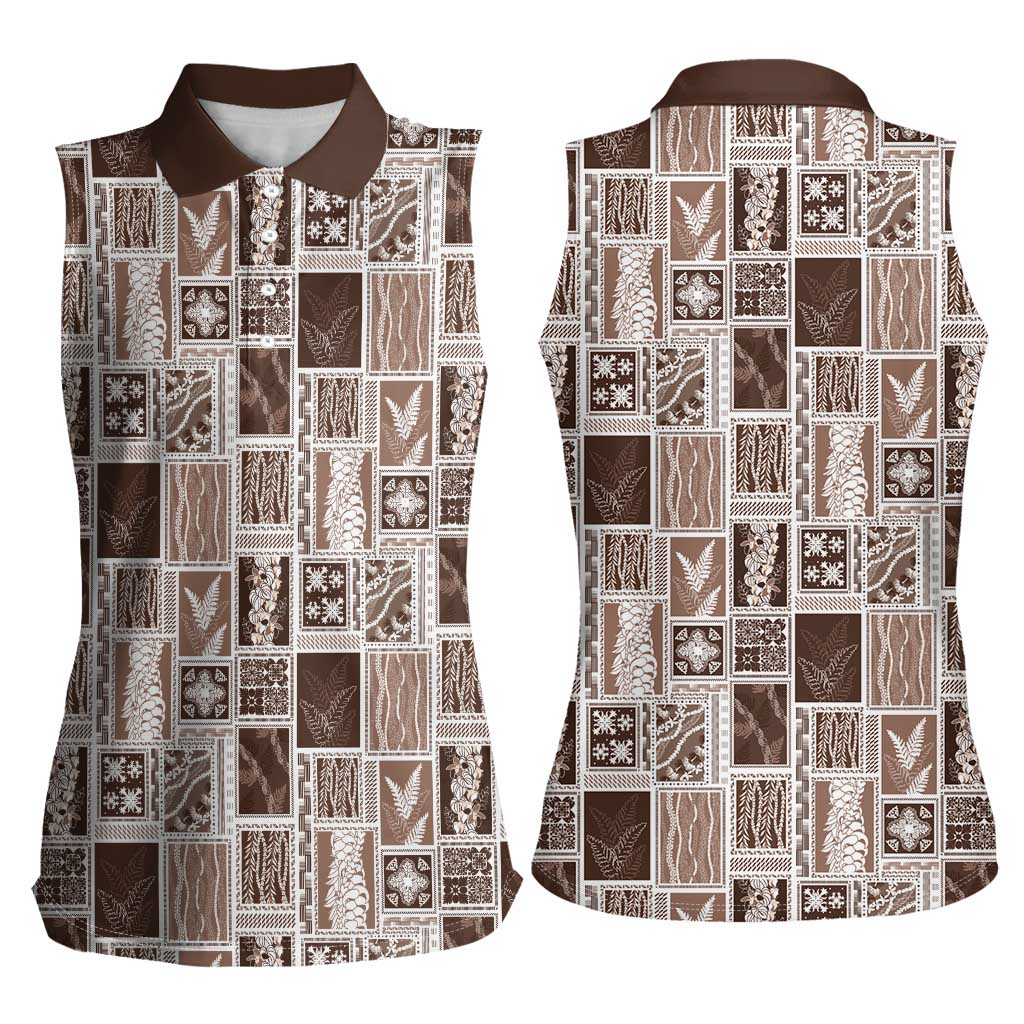 Vintage Aloha Block Quilt Women Sleeveless Polo Shirt Beige Inspired Lei Motifs - Polynesian Pride