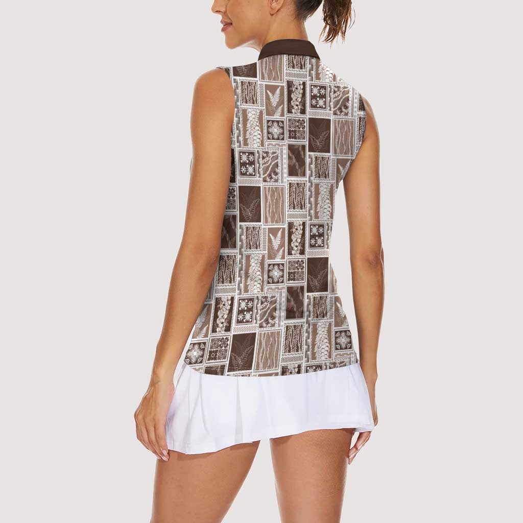 Vintage Aloha Block Quilt Women Sleeveless Polo Shirt Beige Inspired Lei Motifs - Polynesian Pride