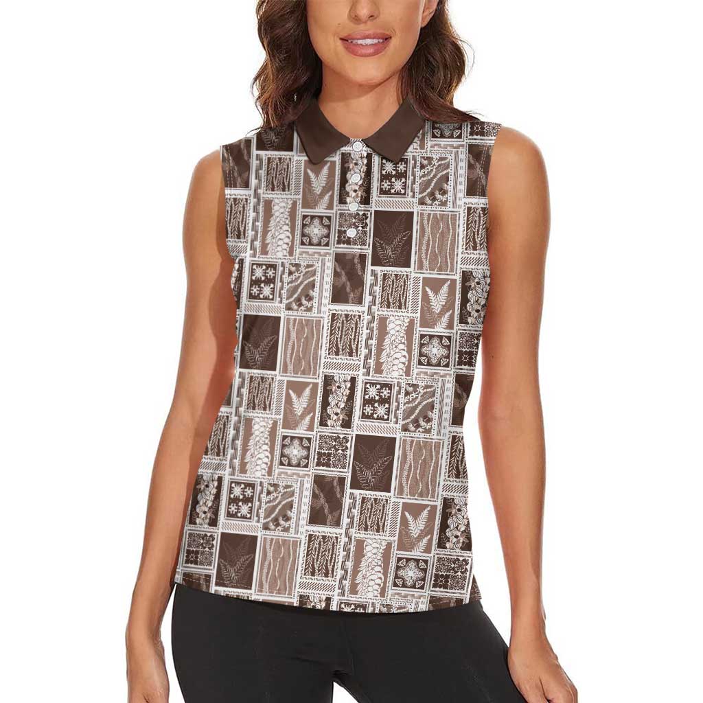 Vintage Aloha Block Quilt Women Sleeveless Polo Shirt Beige Inspired Lei Motifs - Polynesian Pride