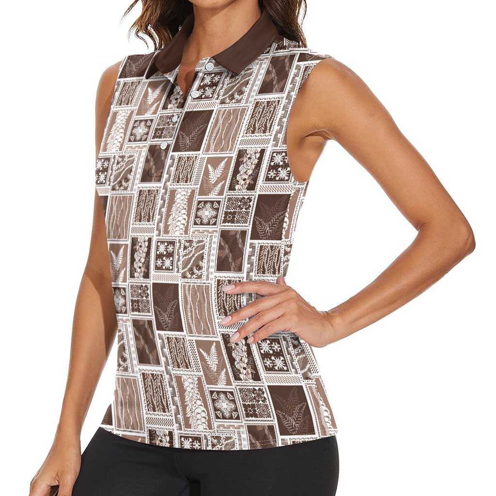 Vintage Aloha Block Quilt Women Sleeveless Polo Shirt Beige Inspired Lei Motifs - Polynesian Pride